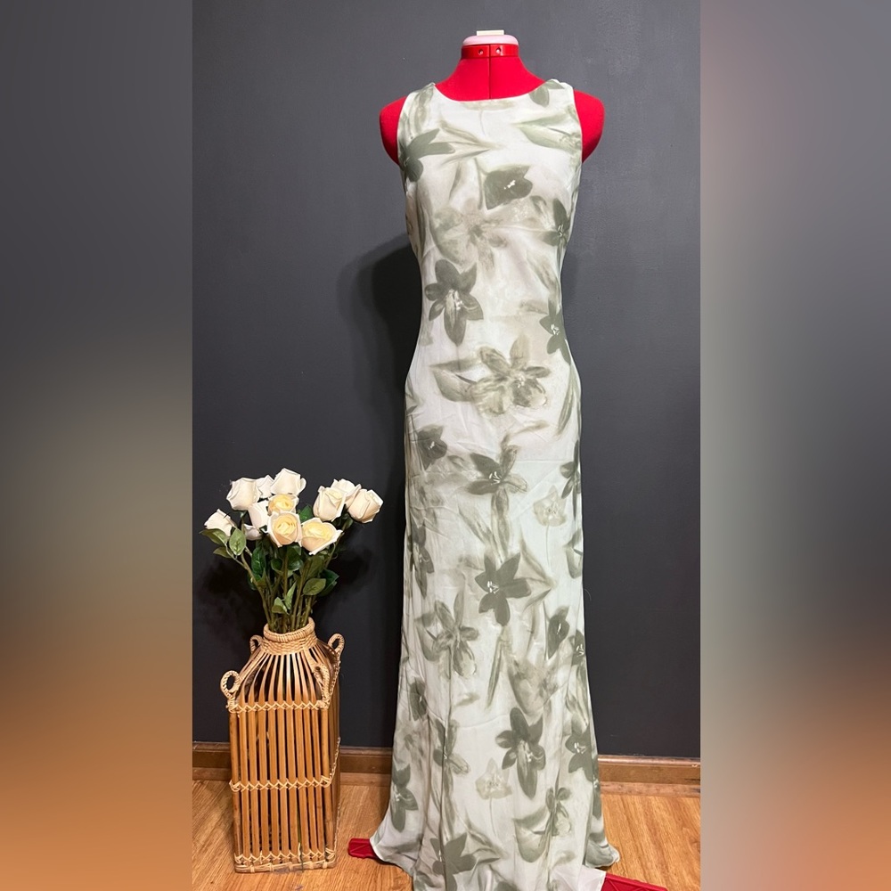 Vintage Jonathan Martin Sage Green Floral Sleeveless Maxi Dress Sz 13